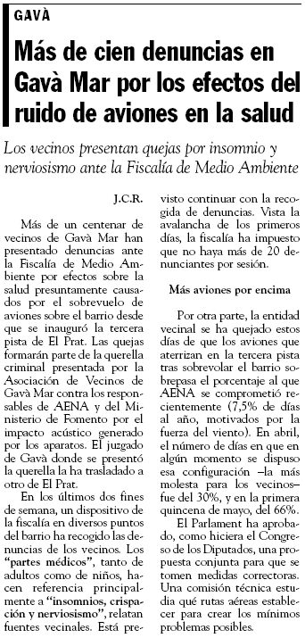Noticia publicada en el diario EL FAR (20 de mayo de 2005) sobre las denuncias interpuestas por vecinos de Gavà Mar por las molestias de la tercera pista del aeropuerto del Prat